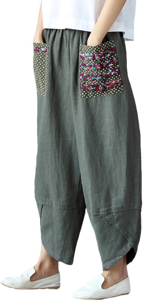 Minibee Women's Baggy Linen Wide Leg Trousers Casual Patchwork Elastic Waist Harem Pants