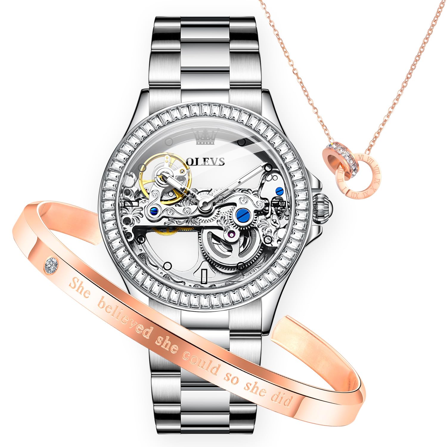 OLEVS Womens Watch Automatic Mechanical Diamond Skeleton Silver Luxury Dress Waterproof Luminous Watches for Women Gift Box Set