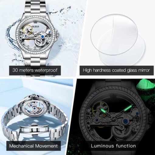 OLEVS Womens Watch Automatic Mechanical Diamond Skeleton Silver Luxury Dress Waterproof Luminous Watches for Women Gift Box Set OLEVS Womens Watch Automatic Mechanical Diamond Skeleton Silver Luxury Dress Waterproof Luminous Watches for Women Gift Box Set