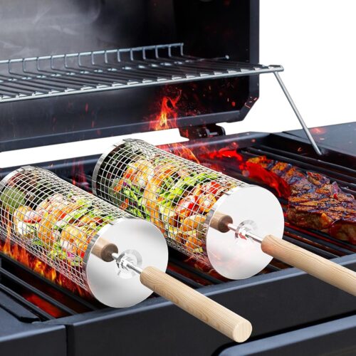 Rolling Grill Baskets (2PCS), Removable Wooden Handle, 304 Stainless Steel, Nesting Grilling Net, BBQ Accessories Tools for Vegetable Shrimp, Outdoor Cooking Camping, Birthday...