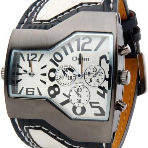 ShoppeWatch Unique Mens Watch Large Dial Dual Time Display | Big Face Watch for Men | Quartz Movement Leather Band | Oversize Dress Watch