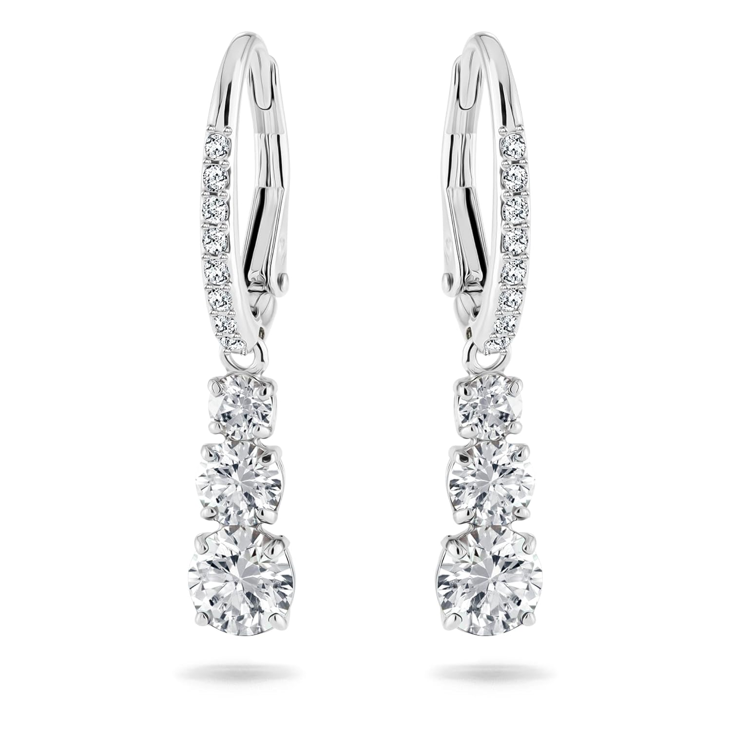 Swarovski Stilla Attract Trilogy Drop Pierced Earrings with White Crystals on a Rhodium Plated Setting with Hinged Closure