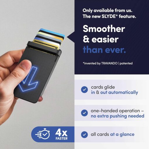 TRAVANDO SLYDE Aluminum Card Holder - RFID Blocking Slim Wallet for Men with Money Clip – Holds Up to 7 Cards – RFID Protected Credit Card Mens Wallet (Black) TRAVANDO SLYDE Aluminum Card Holder - RFID Blocking Slim Wallet for Men with Money Clip – Holds Up to 7 Cards – RFID Protected Credit Card Mens Wallet (Black)
