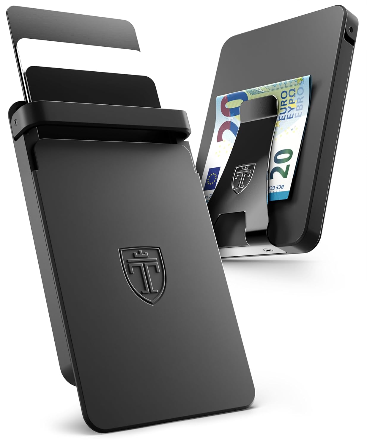 TRAVANDO SLYDE Aluminum Card Holder - RFID Blocking Slim Wallet for Men with Money Clip – Holds Up to 7 Cards – RFID Protected Credit Card Mens Wallet (Black)