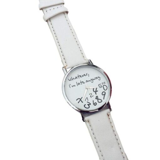 "Whatever, I'm late anyway" Print Leather Women Men Silver Quartz Watch White "Whatever, I'm late anyway" Print Leather Women Men Silver Quartz Watch White