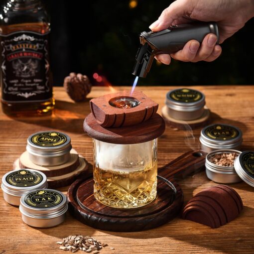 Whiskey Smoker Kit with Torch - 6 Flavors Wood Chips, 2 Glasses, 2 Ice Ball Molds - Cocktail Smoker Infuser Kit, Old Fashioned Drink Smoker Kit, Birthday Bourbon Whiskey Gifts...