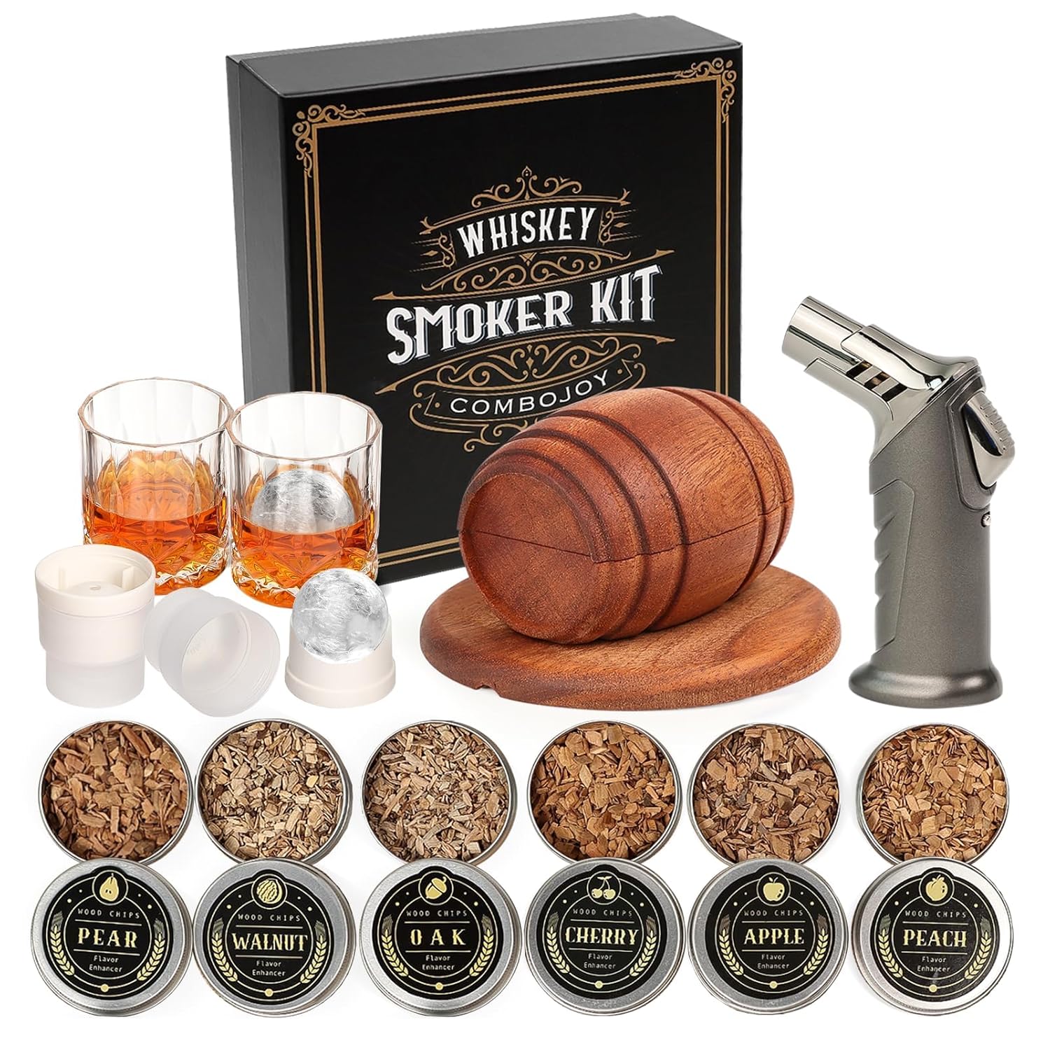 Whiskey Smoker Kit with Torch - 6 Flavors Wood Chips, 2 Glasses, 2 Ice Ball Molds - Cocktail Smoker Infuser Kit, Old Fashioned Drink Smoker Kit, Birthday Bourbon Whiskey Gifts...