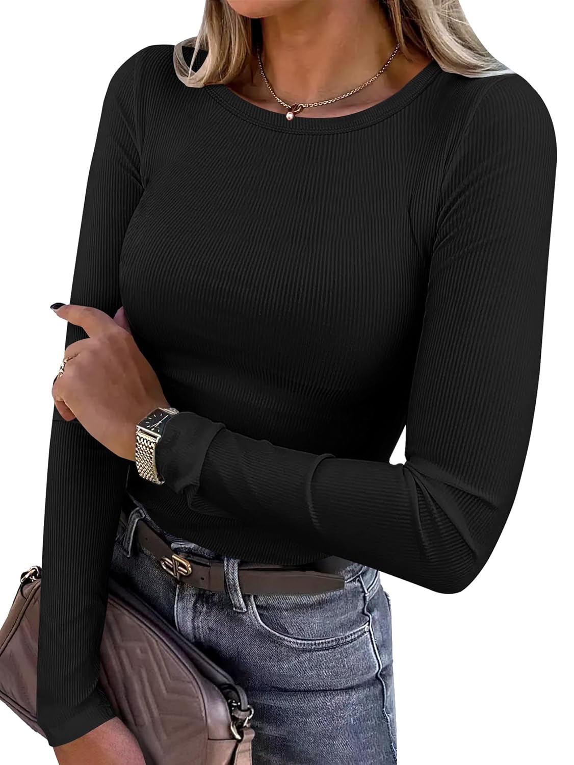 ANRABESS Women Long Sleeve Shirts Rib Knit Slim Fit Tops Basic Tee 2025 Fall Outfits Casual T-Shirt Underscrubs Layer Clothes