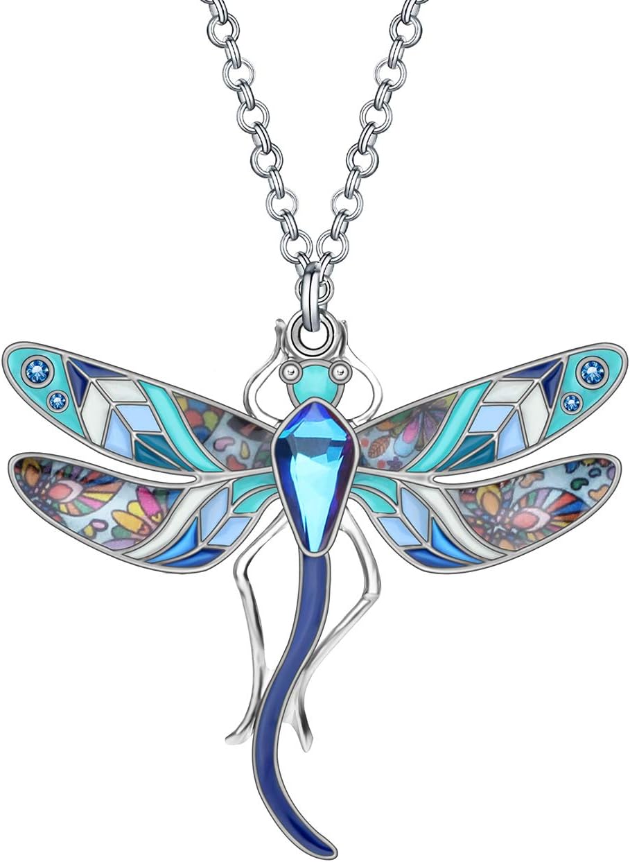 BONSNY Statement Enamel Rhinestone Dragonfly Necklaces Pendant Original Design Gifts for Women Nature lover Jewelry