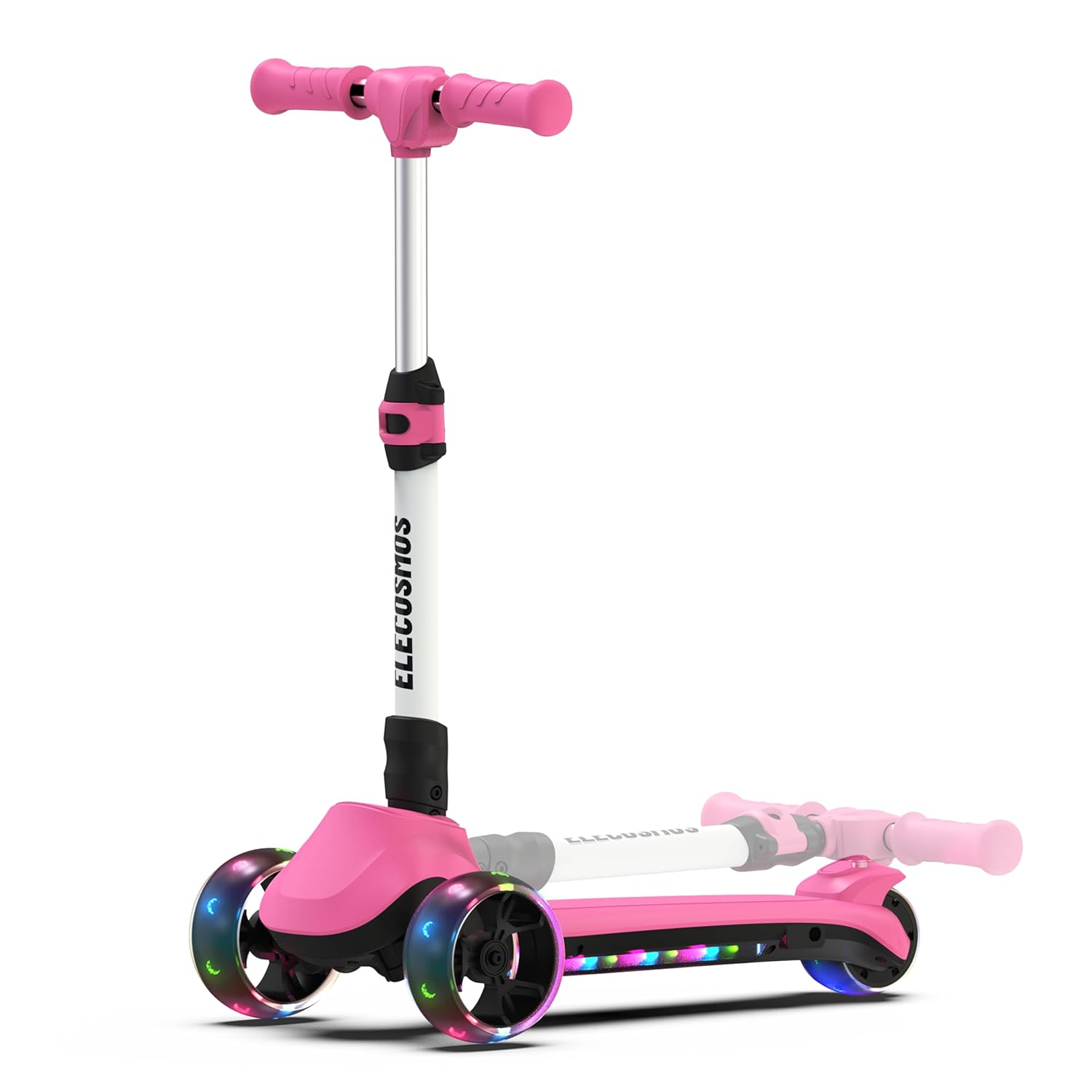 ELECOSMOS Foldable Electric Scooter for Kids Ages 4+, Thumb Throttle, Flash Deck & 3 Extra Wide Light Up Big Wheels, 3 Heights Adjustable, 5 MPH Safe Speed, Super Lightweight...