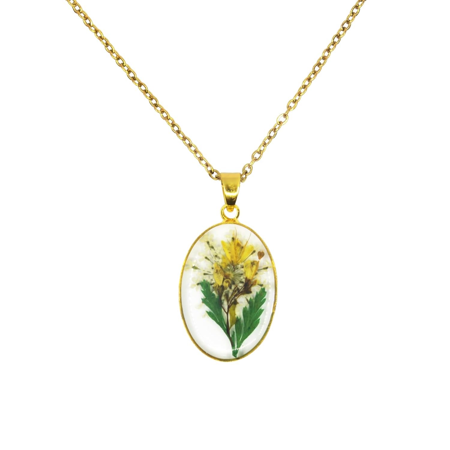 Handmade Real Pressed Flower Necklace for Women - 18" Gold Teardrop Chain, Personalized Month Jewelry, Unique Plant Pendant Gift for Her, Holiday, Birthday, Anniversary