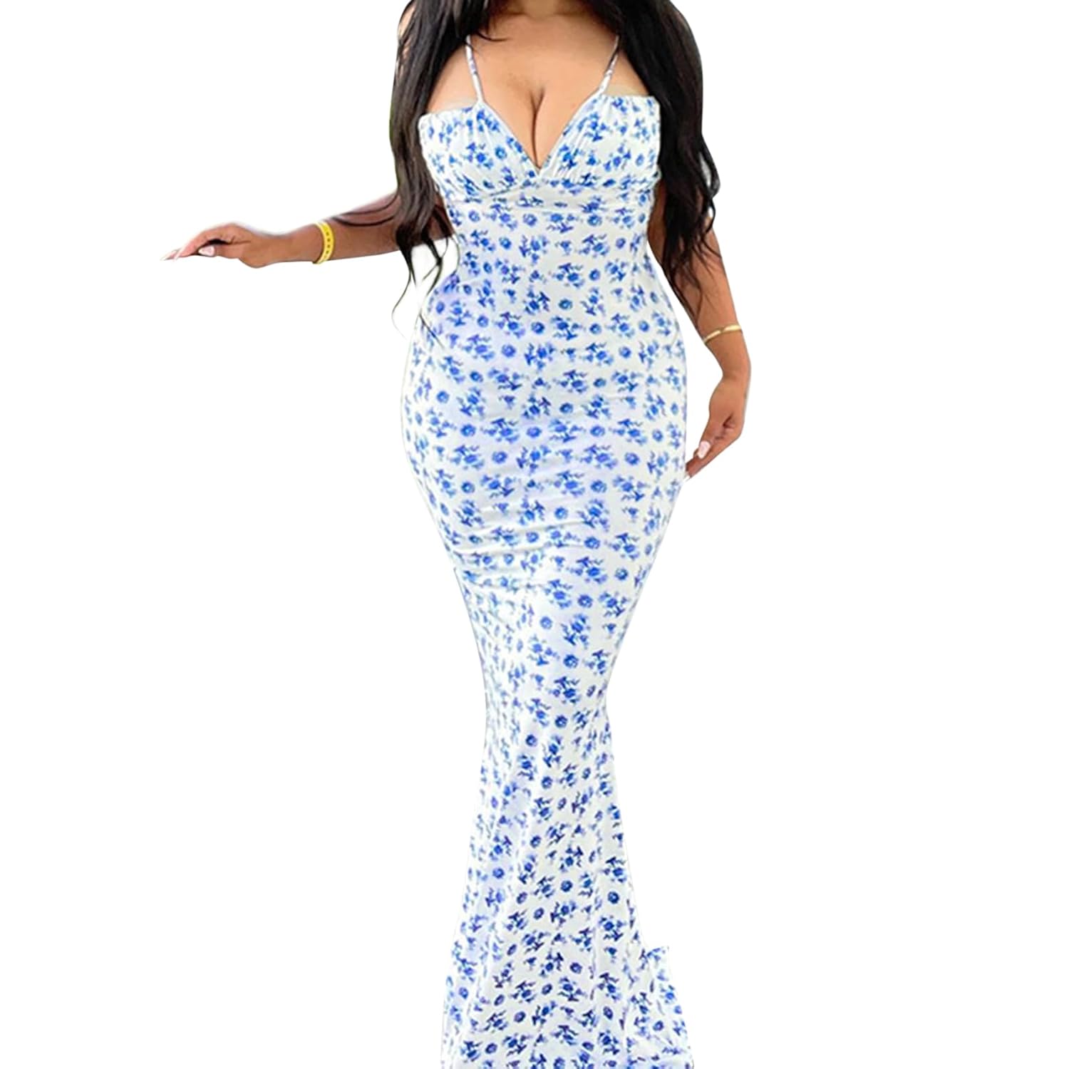 Women Backless Maxi Dress Sexy Sleeveless Spaghetti Strap Floral Bodycon Maxi Dress Cocktail Party Long Dress