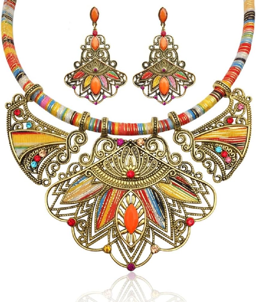 YAZILIND Chunky Necklace Earrings Women's Bohemian Chain Tribal Jewelry Set Handmade Geometric Charm Bib Choker Necklaces