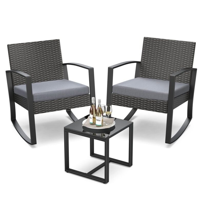 3 Pieces Outdoor Patio Furniture Set Rocking Bistro Set Outdoor Rattan Conversation with Coffee Table for Garden Balcony Backyard Poolside (Grey Cushion)