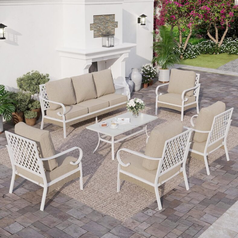 6 Piece Metal Outdoor Patio Furniture Set, Patio Conversation Sets 1 3-seater Sofa, 4 Single Sofa with 5.75" Extra Thick Cushion and Coffee Table, White Frame Backyard...