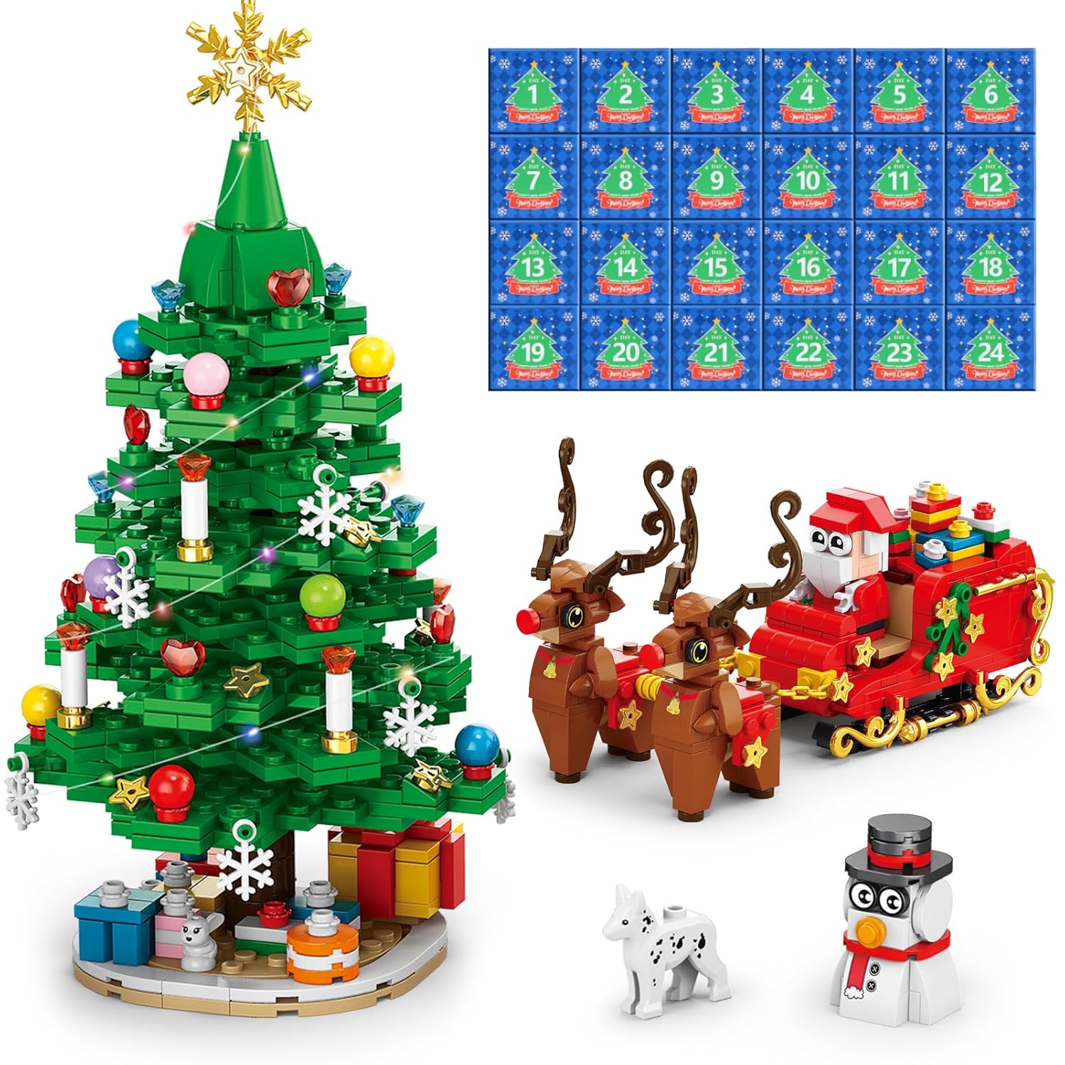 Advent Calendar 2025 Christmas Tree Building Set with Santa's Sleigh: 24 Days Countdown Building with LED Light - Indoor Christmas Decorations Gifts for Kids Adults