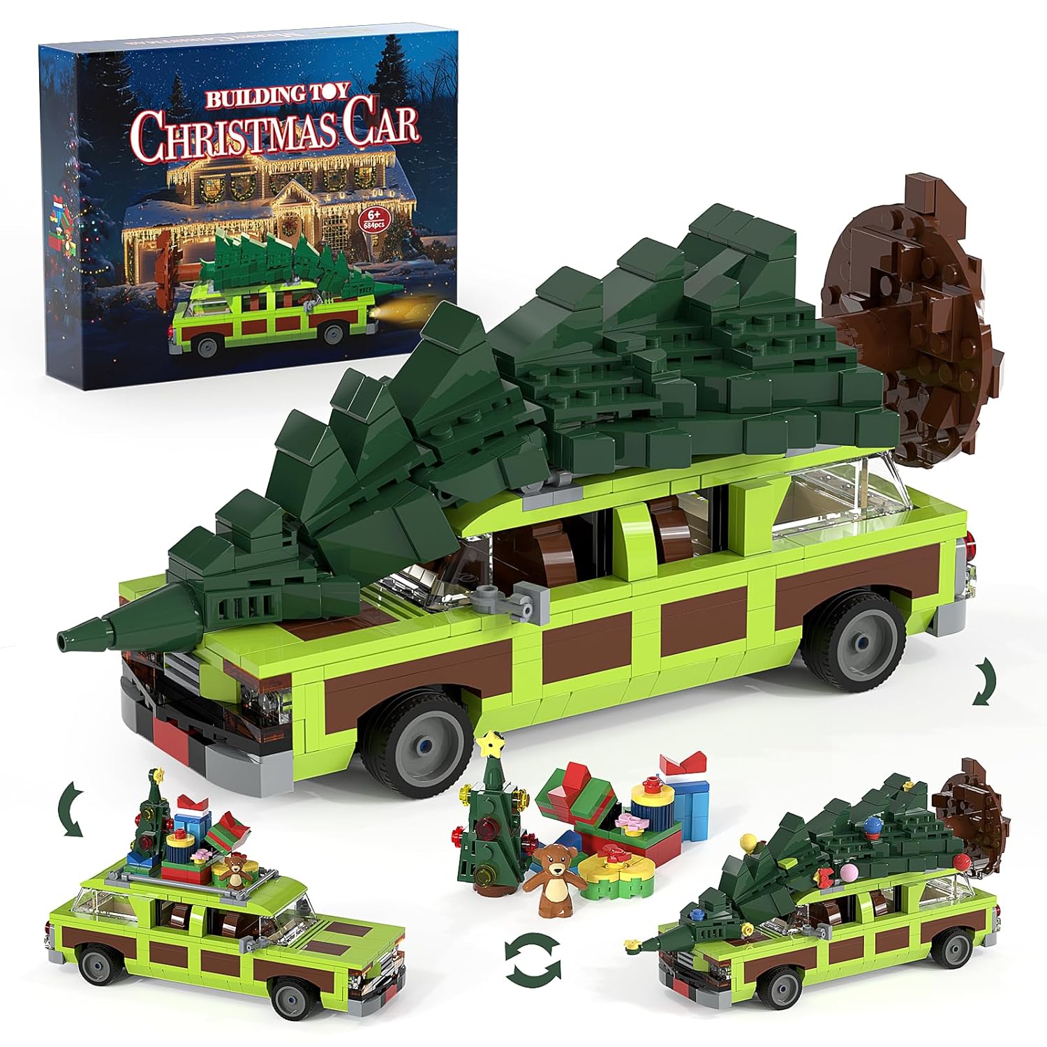 Christmas Village Movie Building Toy Set, 4 in1 Station Wagon with Family Christmas Tree Building Kit, Christmas Decorations, Compatible with Lego Gifts for Movie Fans Adults...