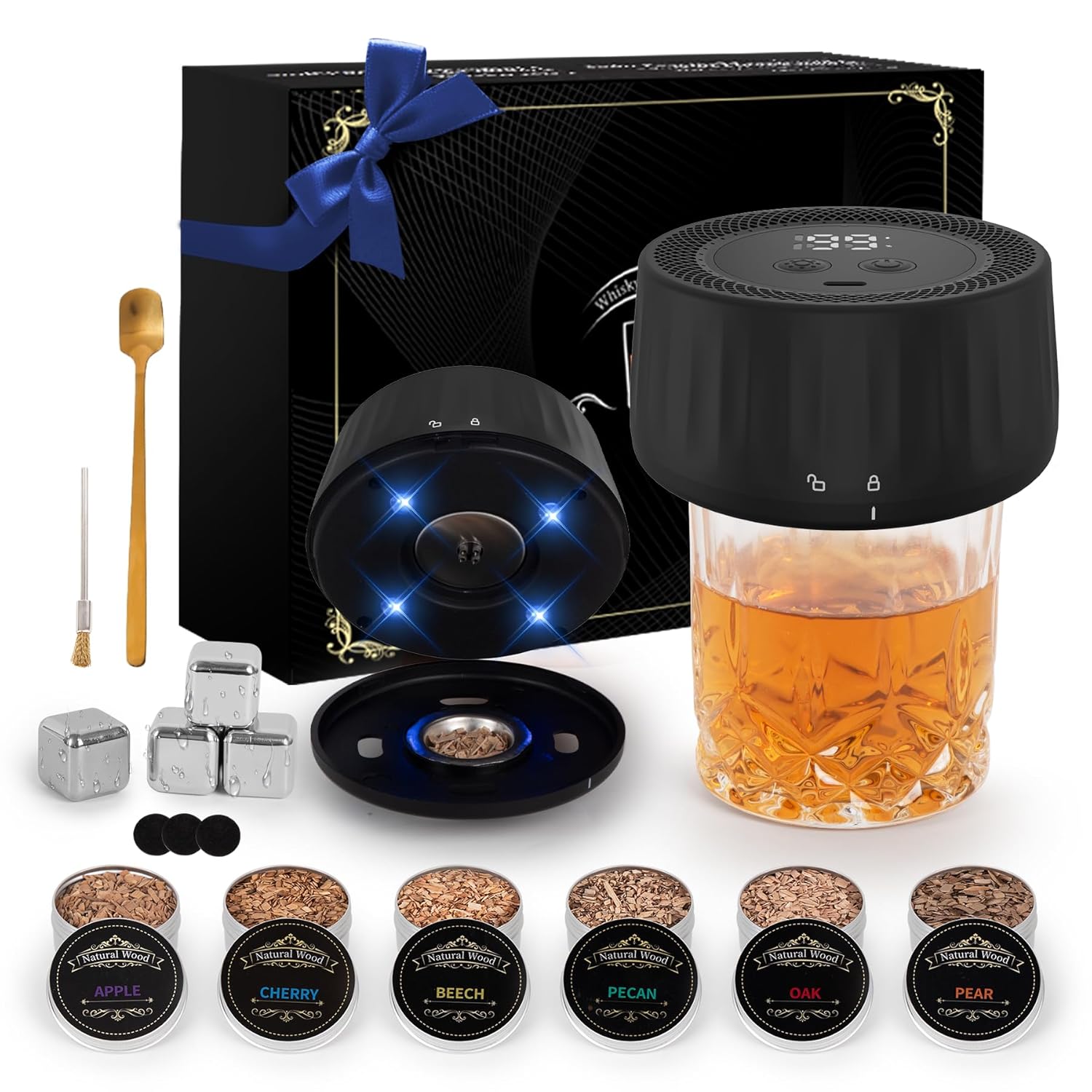 Electric Whiskey Smoker Kit with Led Lights, 4 Reusable Ice Cubes and 6 Flavors Natural Wood Chips, Old Fashioned Bourbon Smoker Kit for Home Bar, Bourbon Whiskey Gifts for Men,...