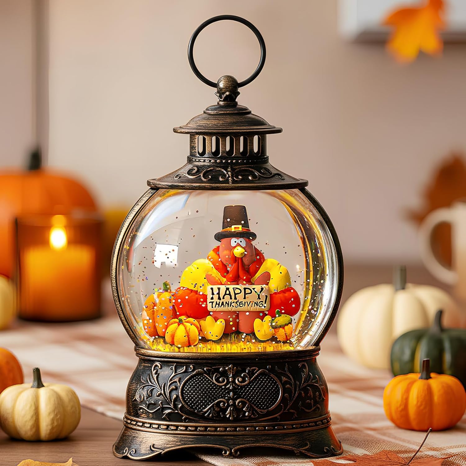 Fall Decor Turkeys Snow Globe Lantern, Thanksgiving Decoration Indoor Tabletop Centerpiece, Swirling Glitter Pumpkins Snow Globe with Turkey, Harvest Day Gifts, Home Fall...