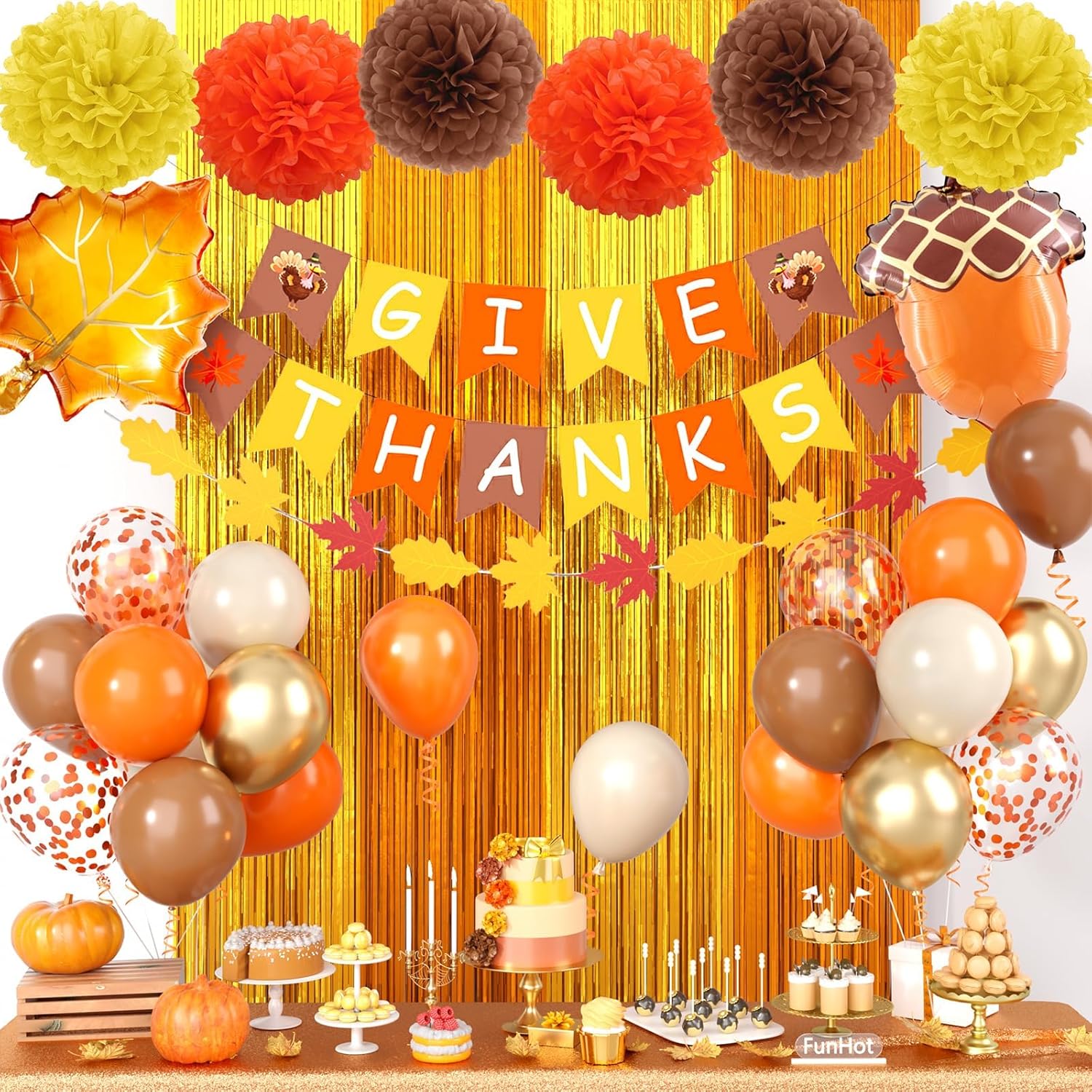 Fall Thanksgiving Party Decorations Set, Includes Give Thanks Banner,Fringe Curtain,Paper Flowers,Autumn Maple Leaves Garland and Foil Balloon for Indoor Home Party Office...