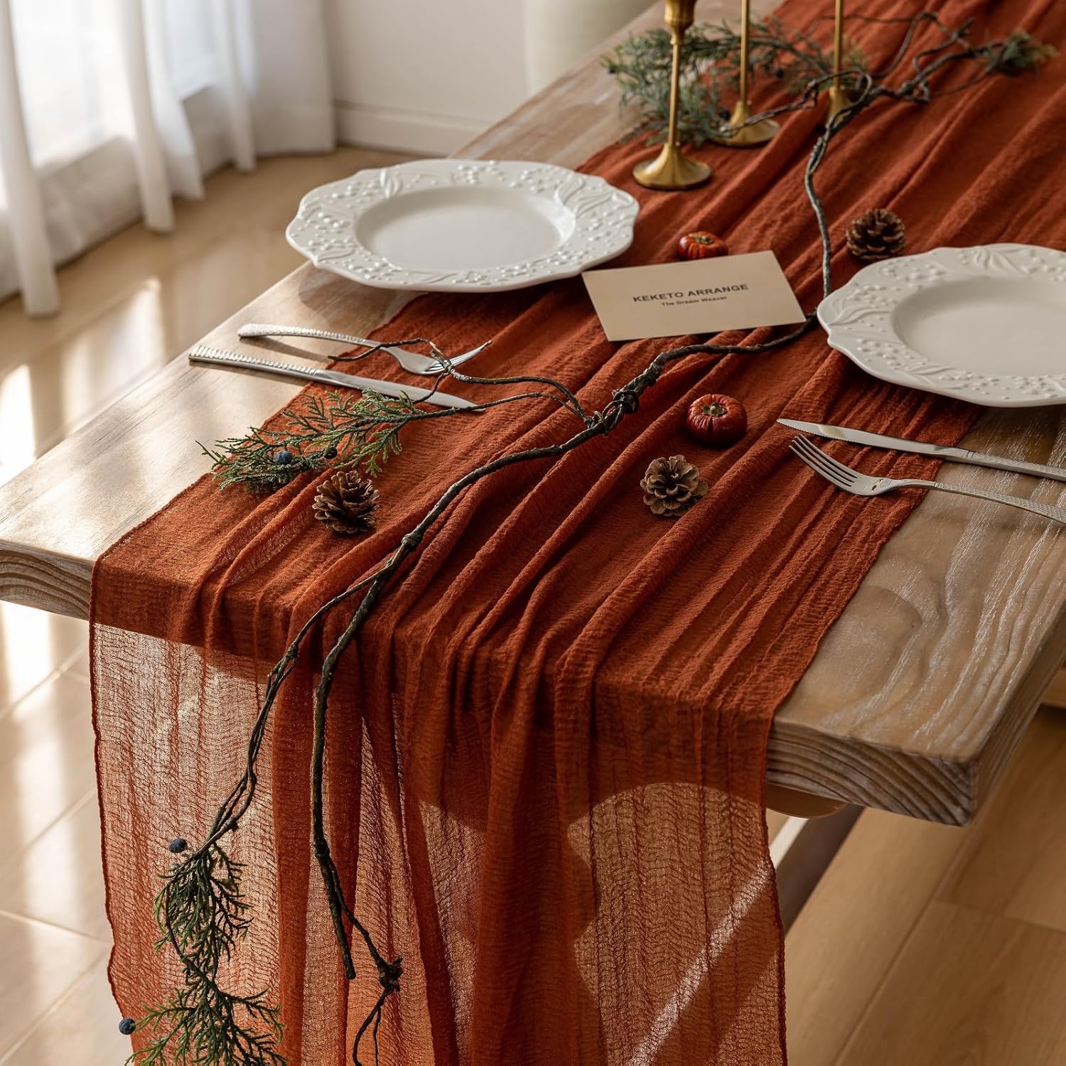 Fall Thanksgiving Table Runner Terracotta Decorations 120 Inch 10 FT Rustic Burnt Orange Sheer Cheese Cloth for Baby Bridal Shower Friendsgiving Party Centerpiece Gauze Decor...