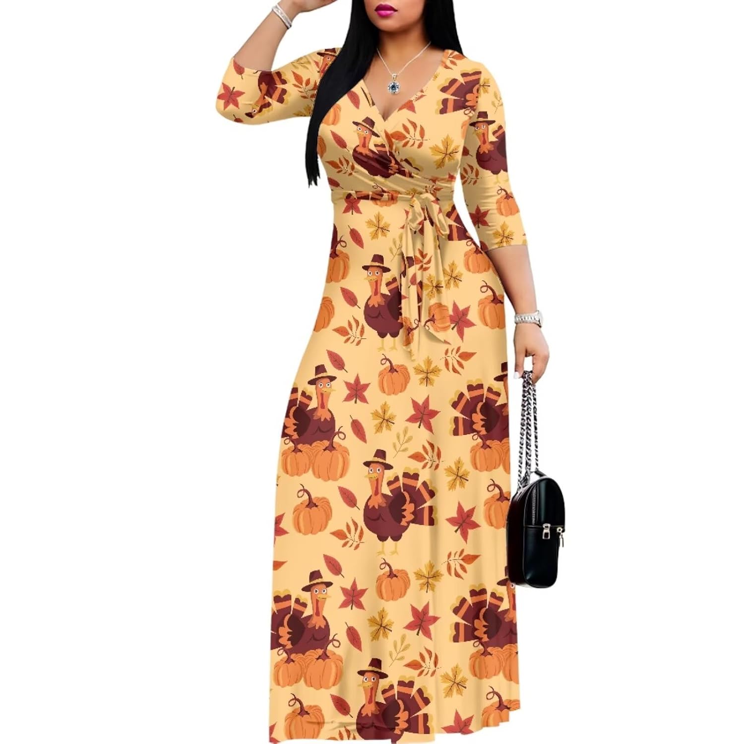 Forchrinse Women's Maxi Dresses 3/4 Sleeve Flowy Long Dress Sexy V Neck Wrap Tie Waist Sundress with Pockets
