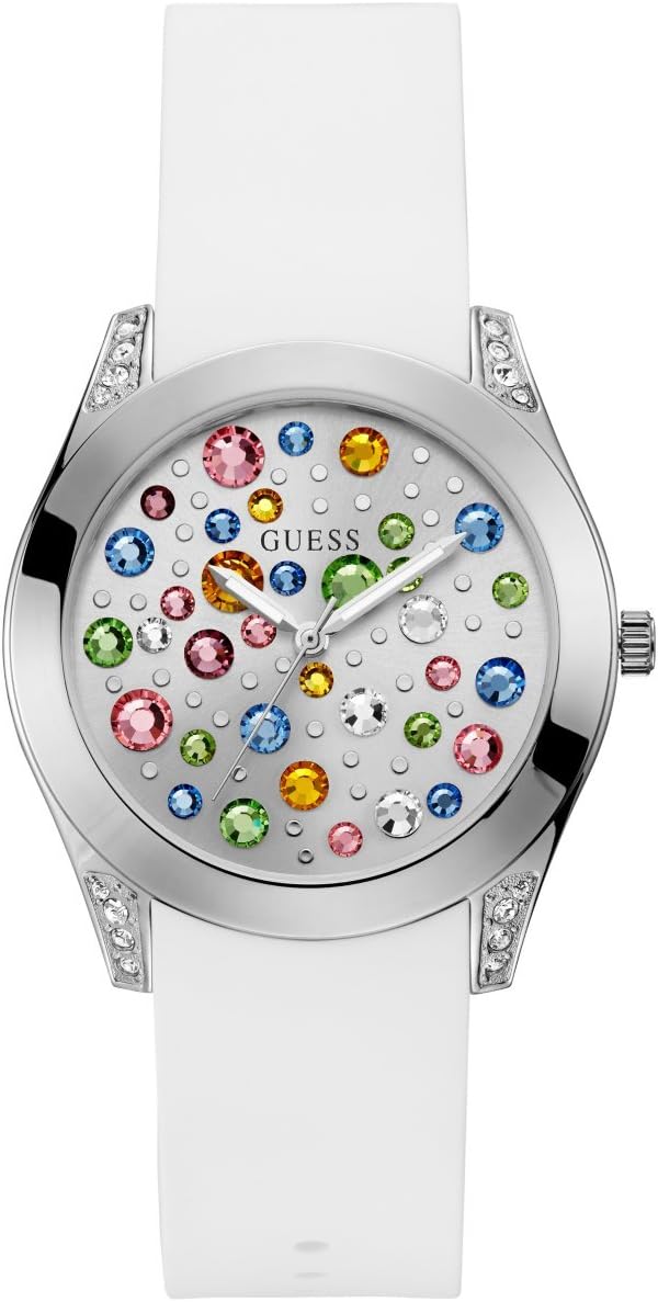 GUESS Silver-Tone + White Stain Resistant Silicone Multi-Colored Crystal Watch. Color: White (Model: U1059L1)