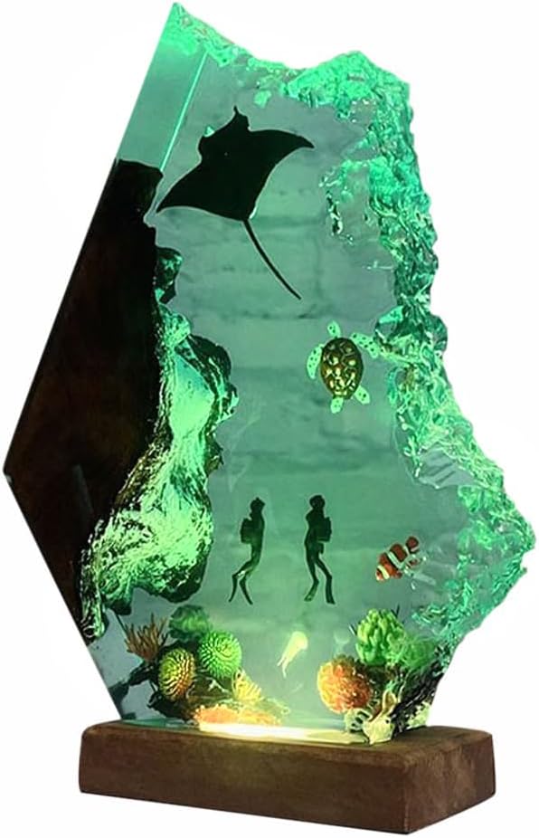 Handmade 3D Ocean Resin Lamp - USB Powered Resin Ocean Night Light with Wooden Base, Variable Lights, Scuba Diver Gifts, Diving Enthusiast Collectibles, Unique Thanksgiving Day...