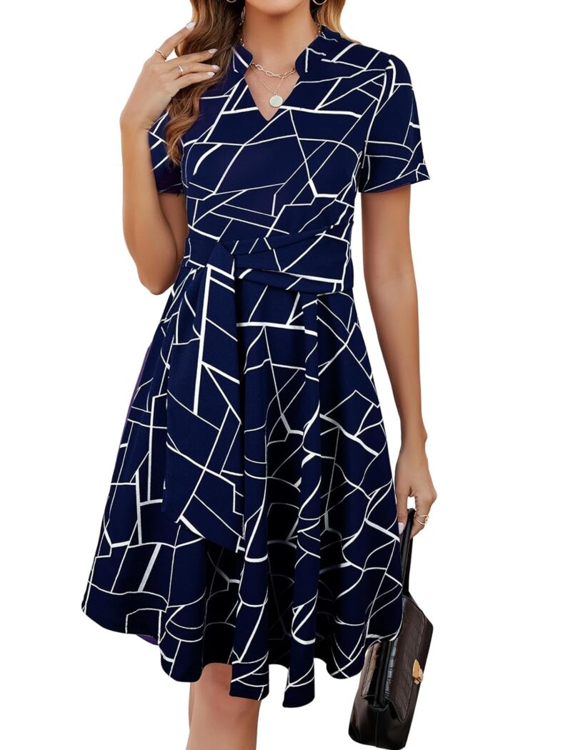 Mokayee Womens Summer Short Sleeve V Neck Fit and Flare A Line Business Casual Wedding Guest Work Dresses with Pockets