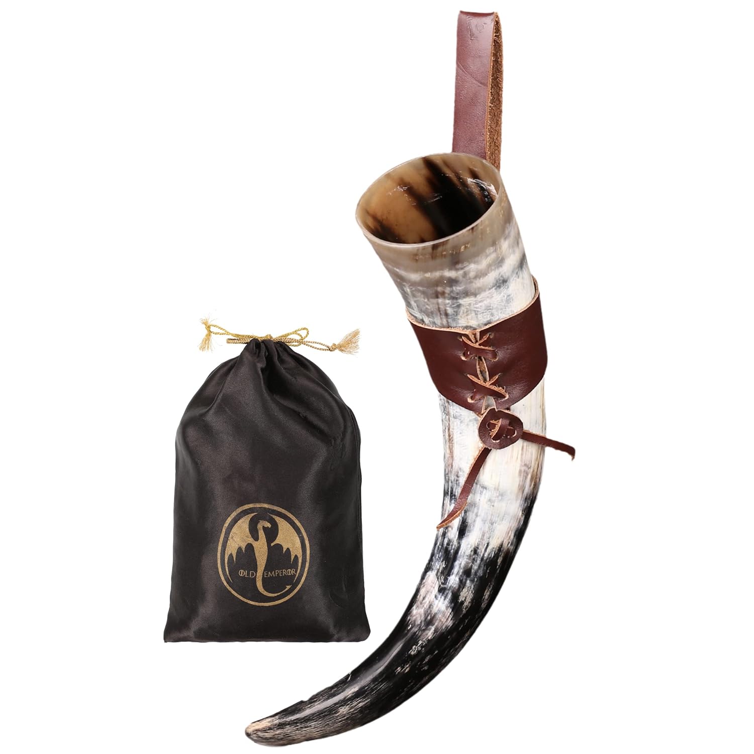 OLDEMPEROR Viking Drinking Horn - 12 Inch with Leather Holster | Handmade Beer Cup | Food Grade | Genuine Ox Horn | Natural Shine Finish | LARP | Viking Gift for Men & Women