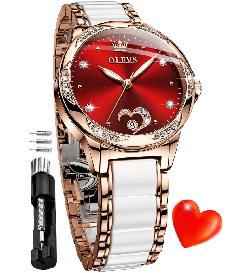 OLEVS Automatic Watch for Women Luxury Diamond Rose Gold Ladies Self Winding Mechanical Ceramic Wrist Watch Love Heart Date