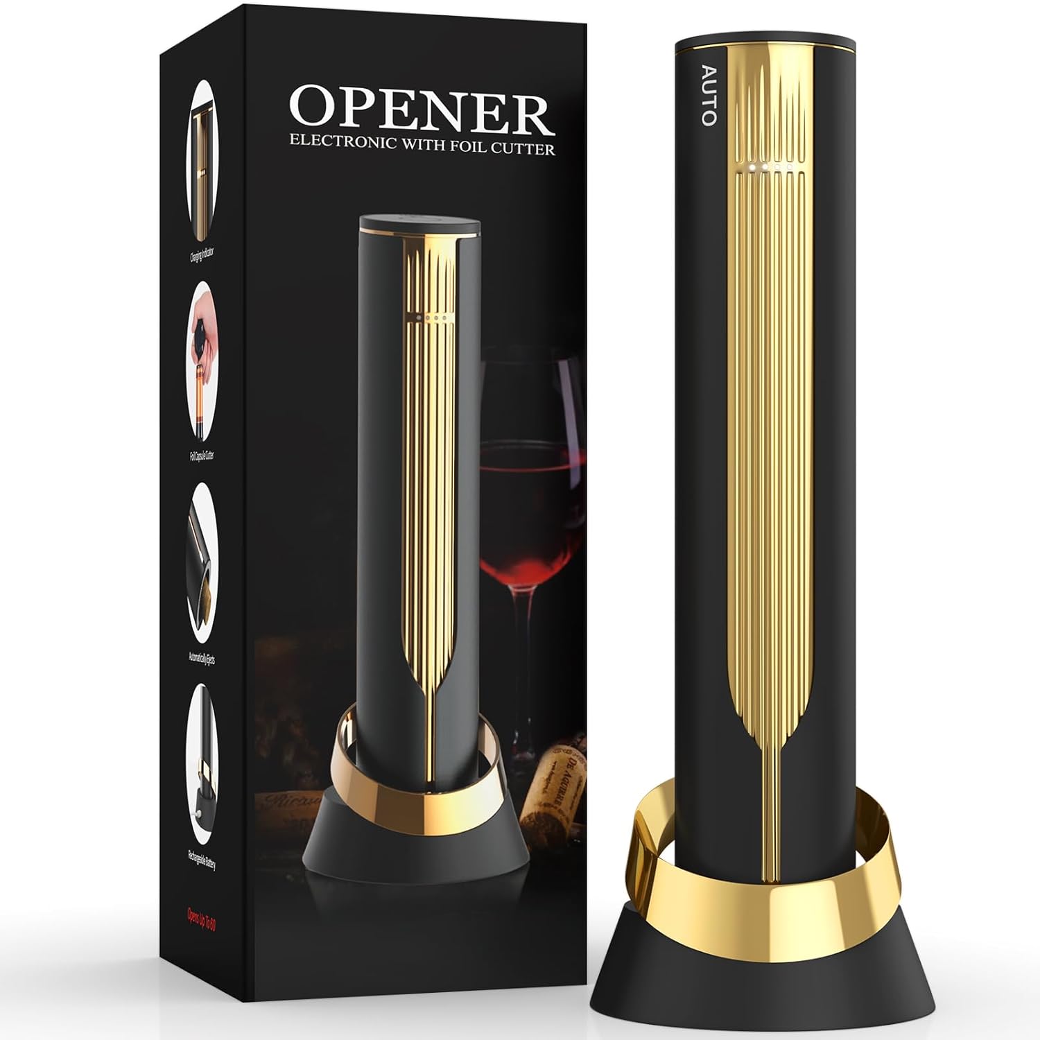 Rechargeable Electric Wine Opener with Charging Base & Foil Cutter, Automatic Corkscrew for 60 Bottles, Luxury Gold & Black Gift for Wine Lovers