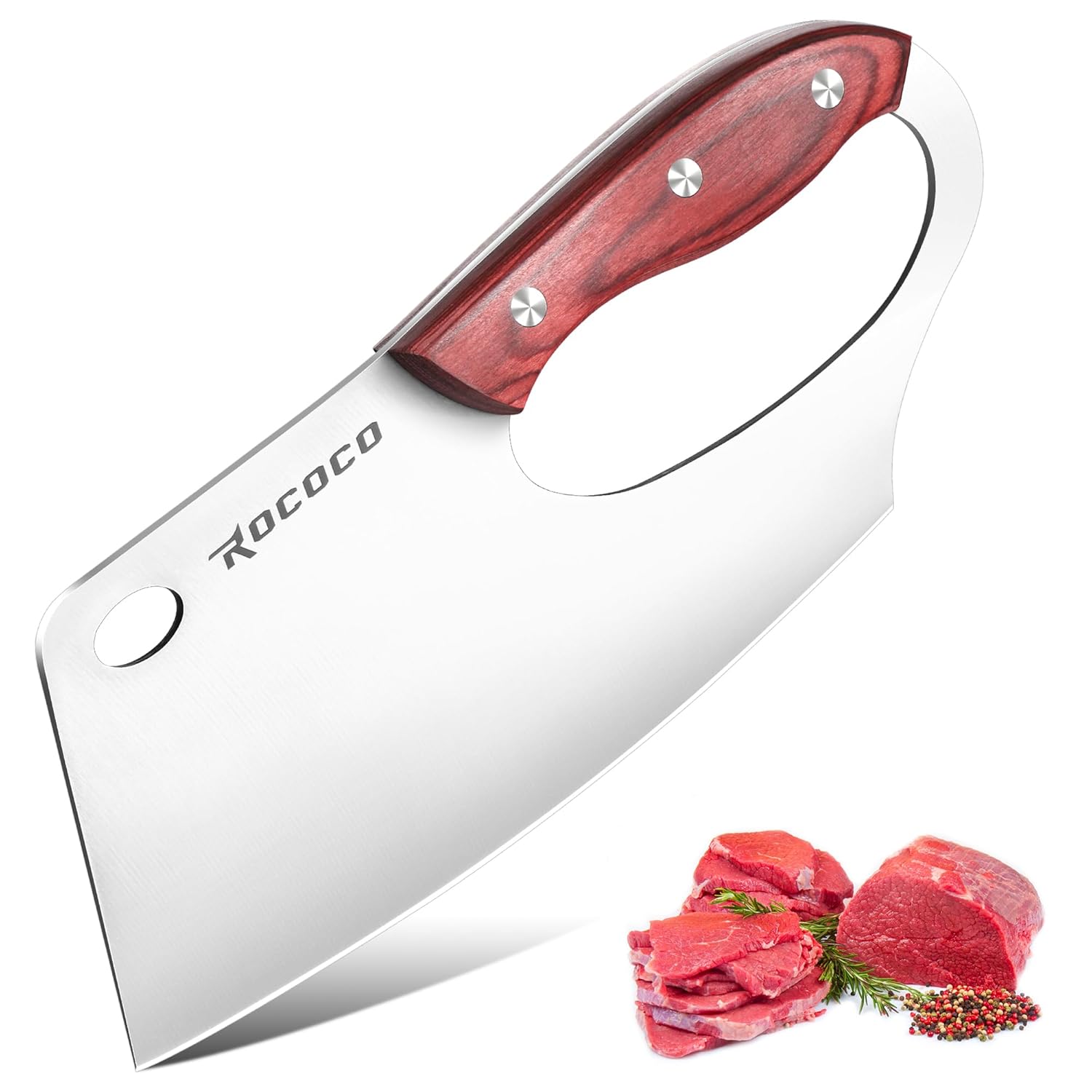 ROCOCO Meat Cleaver Knife Unique Effort Saving Professional Stainless Steel Kitchen Chef Cooking Knives for Cutting Meat Vegetable Thanksgiving Christmas Gift Red Full Tang 7.48"