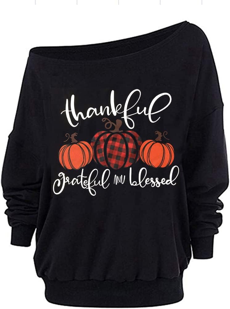 Roshop Thanksgiving Sweatshirt Women's Loose Baggy Off Shoulder Turkey Outfits Long Sleeve Tops