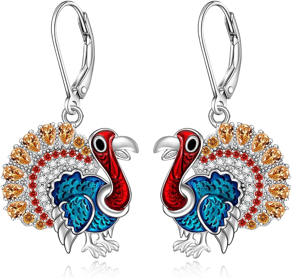 Thanksgiving Earrings for Women Fall Turkey Earrings Dangling Sterling Silver Fall Gifts for Women Turkey Dangle Earring Autumn Jewelry Holiday Christmas Gifts