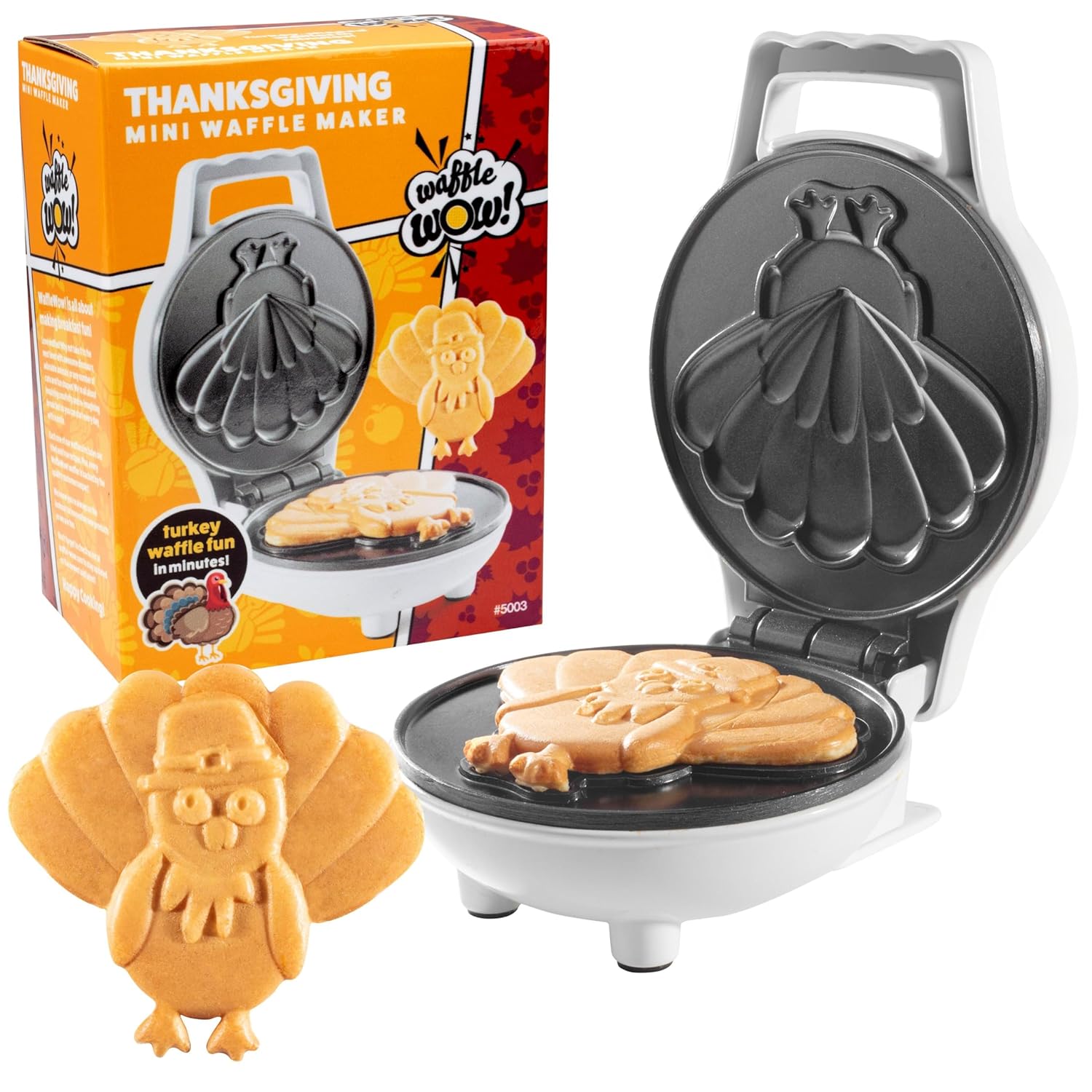 Thanksgiving Turkey Mini Waffle Maker- Make Holiday Breakfast Special for Kids, Adults w Cute Design, 4" Waffler Iron Electric Nonstick Appliance- Fun Festive Fall Gift Dessert,...