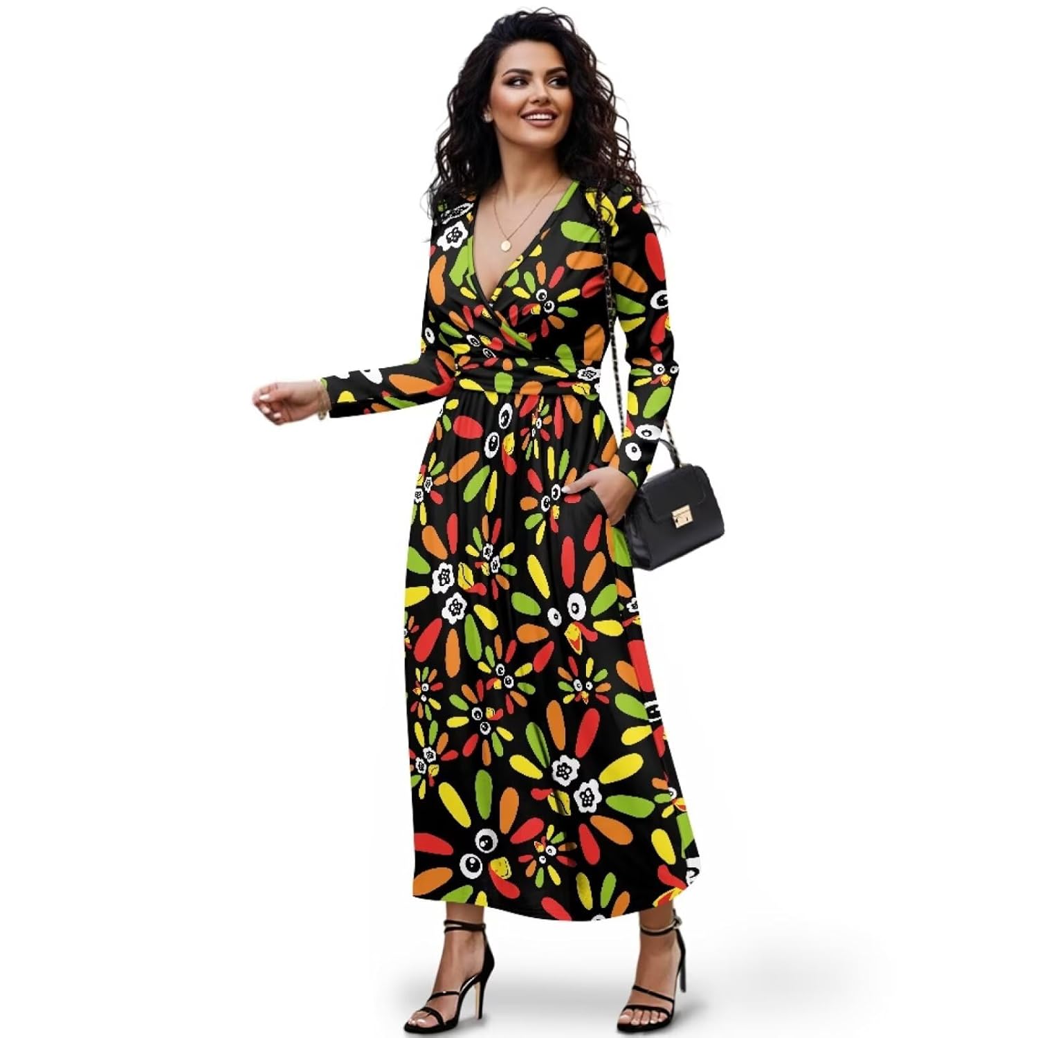 TOADDITDO Sexy V Neck Dresses for Women 70s 80s Long Sleeve Maxi Elegant Guest Sundresses Going Out Dresses with Pockets