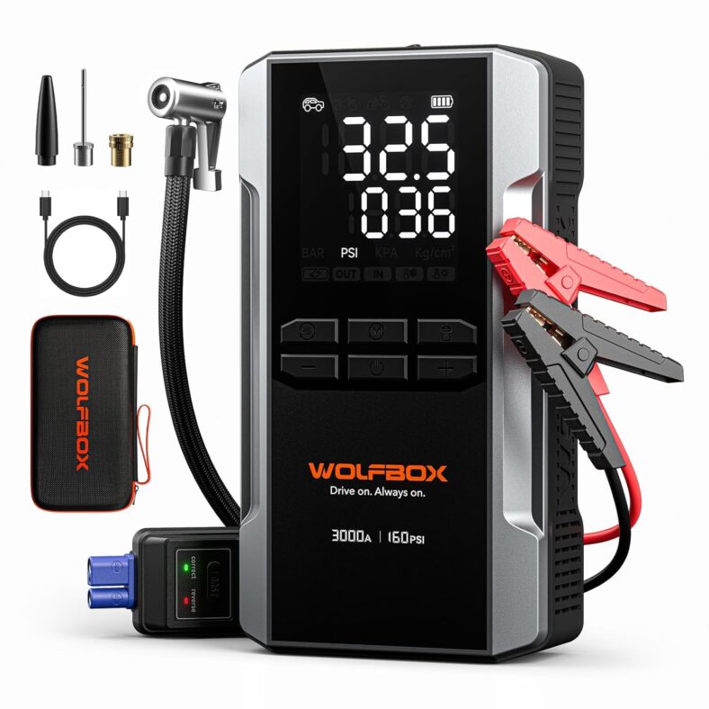 WOLFBOX 3000A Jump Starter with Air Compressor, 16000mAh&160PSI Portable Car Battery Jump Starter with 65W Fast Charge, 12V Battery Pack (8L Gas 6L Diesel Engine) with Boost,...