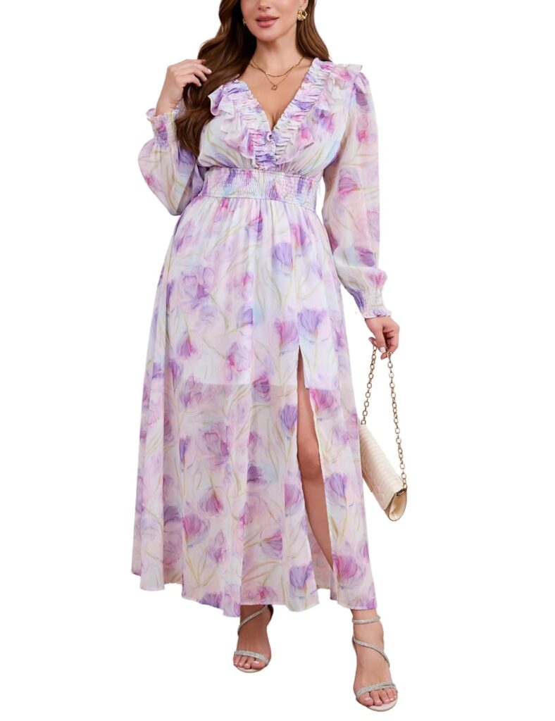 Womens Chiffon Deep V Neck Long Sleeve Maxi Dresses Slit Elastic Waist A Line Flowy Dress