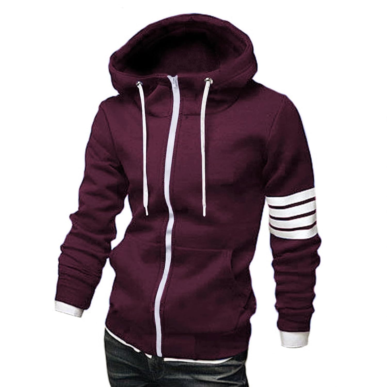 ZUEVI Men's Hoodies Casual Striped Drawstring Hooded And Zipper Closure Hoodie Slim Fit Fleece Sweatshirt With Pockets