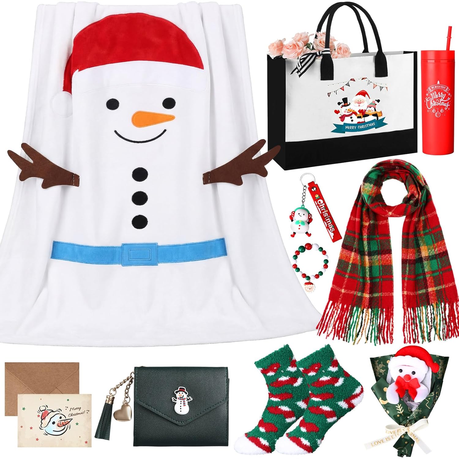 10 Pcs Christmas Gift Sets for Women 2025, Unique Christmas Gift Baskets for Women, Tumbler Blankets Scarf Socks Keychains Xmas Present for Mom Wife Girlfriend Her(Green,Snowman)