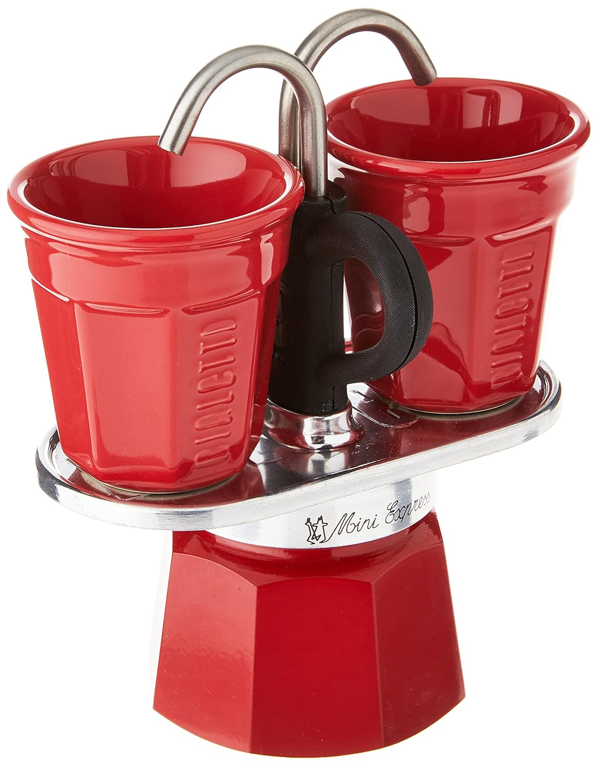 Bialetti - Mini Express Color: Moka Set includes Coffee Maker 2-Cup (2.8 Oz) + 2 shot glasses, Red, Aluminium