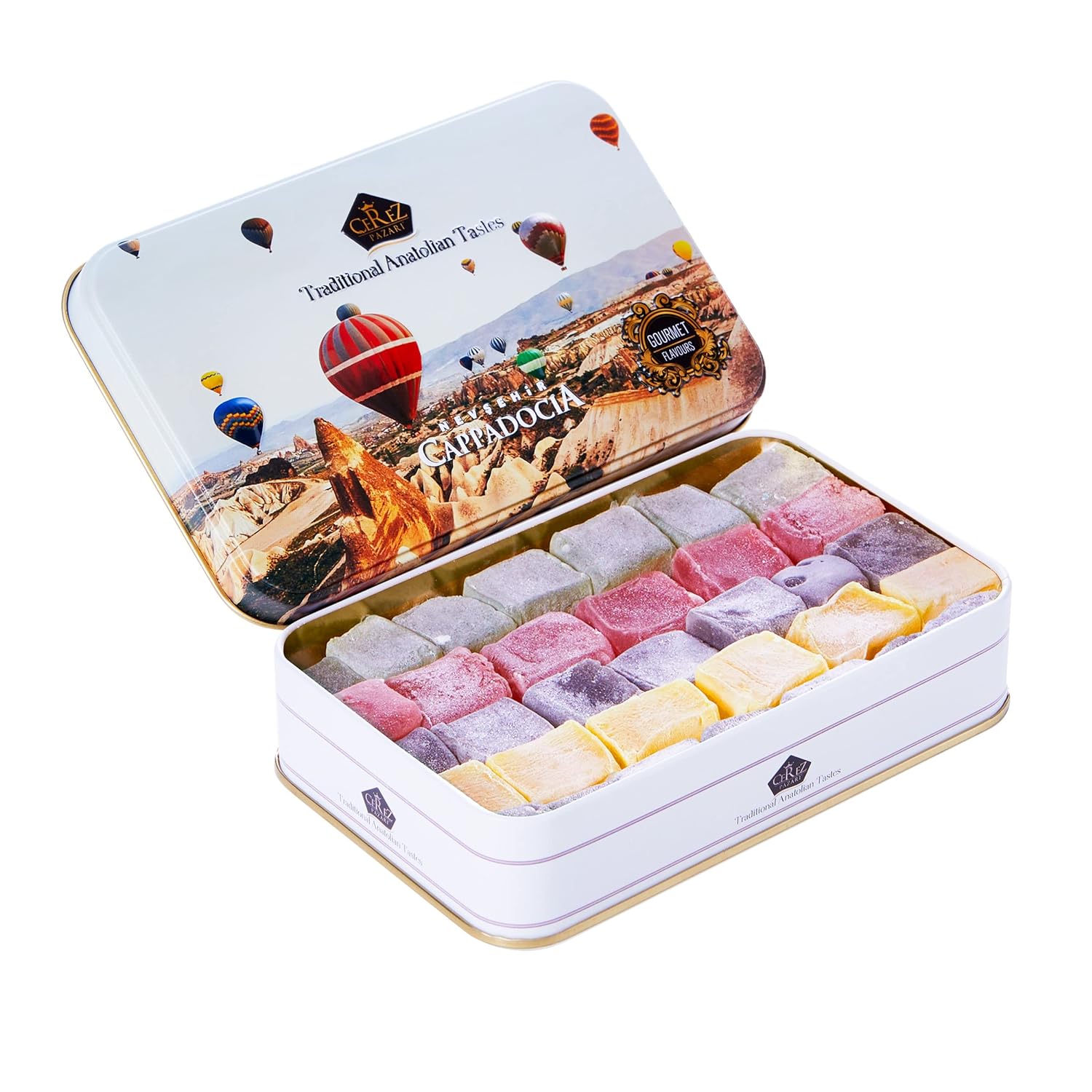 Cerez Pazari Turkish Delight Candy Gift Basket, Luxury Lokum Dessert, Gourmet Christmas Holiday Corporate Food Gifts in Elegant Tin Box, With 5 Unique Flavors, No Nuts, 13.2 oz.