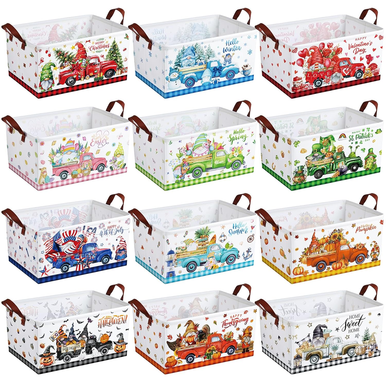 CHENGU 12 Pack Christmas Storage Baskets for Gifts Empty Seasonal Storage Bin Collapsible Holiday Gnome Storing Baskets Holiday Decor Canvas Laundry Basket Foldable Box with...