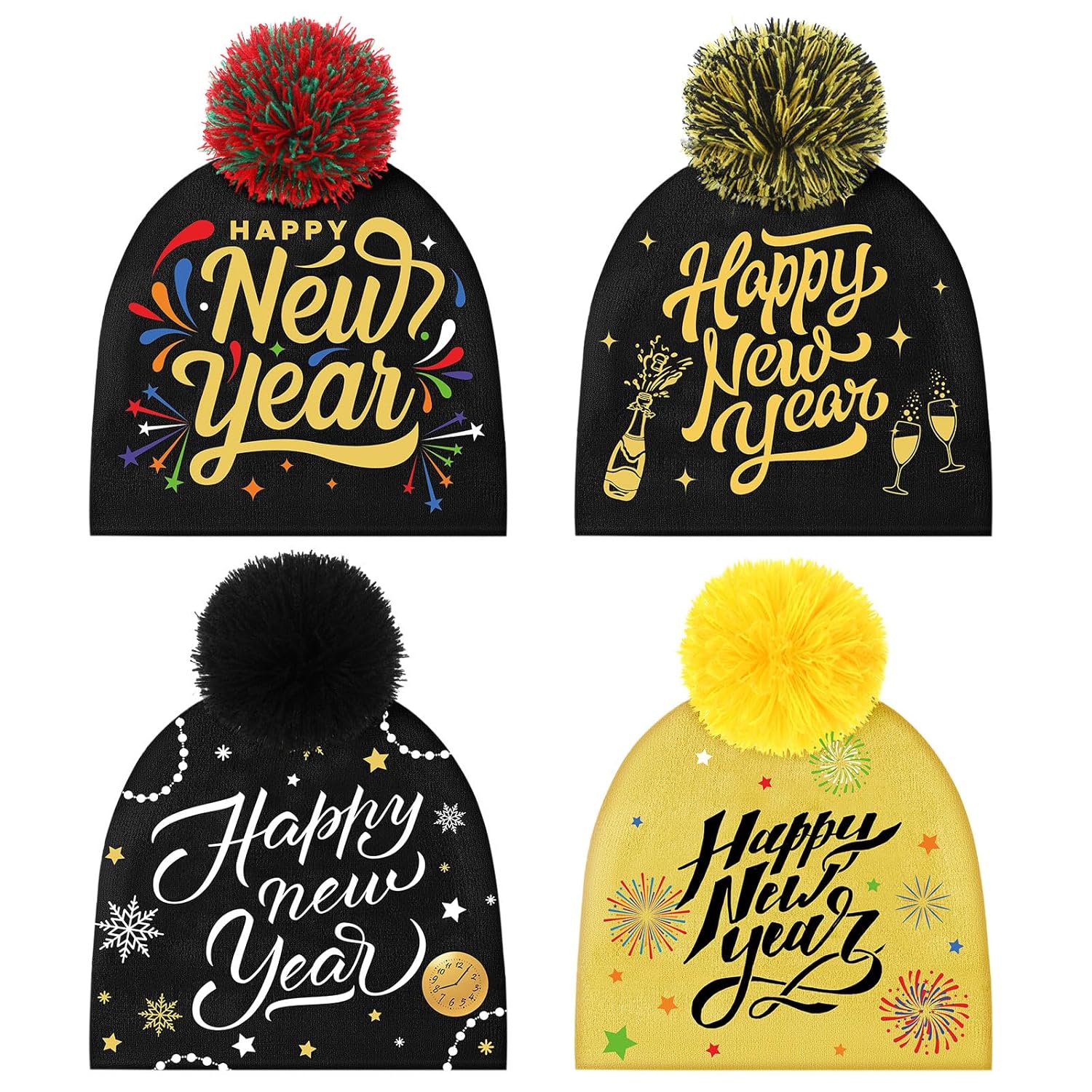 Cozypower Happy New Year Beanie Hat Pom Pom Beanie Hat New Year's Eve Knitted Cap for Adults Men Women Dress Costume