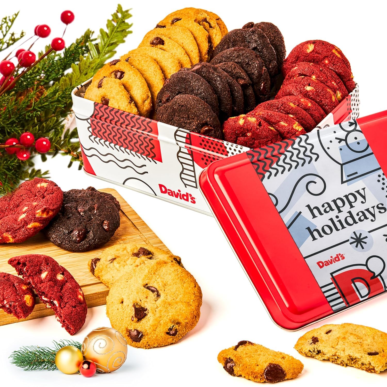 David's Cookies Happy Holidays Mini Cookies in Sweet Sampler Tin - Assorted Mini Christmas Cookies with Chocolate & White Chocolate Chip and Red Velvet - Gourmet Cookie Gift...