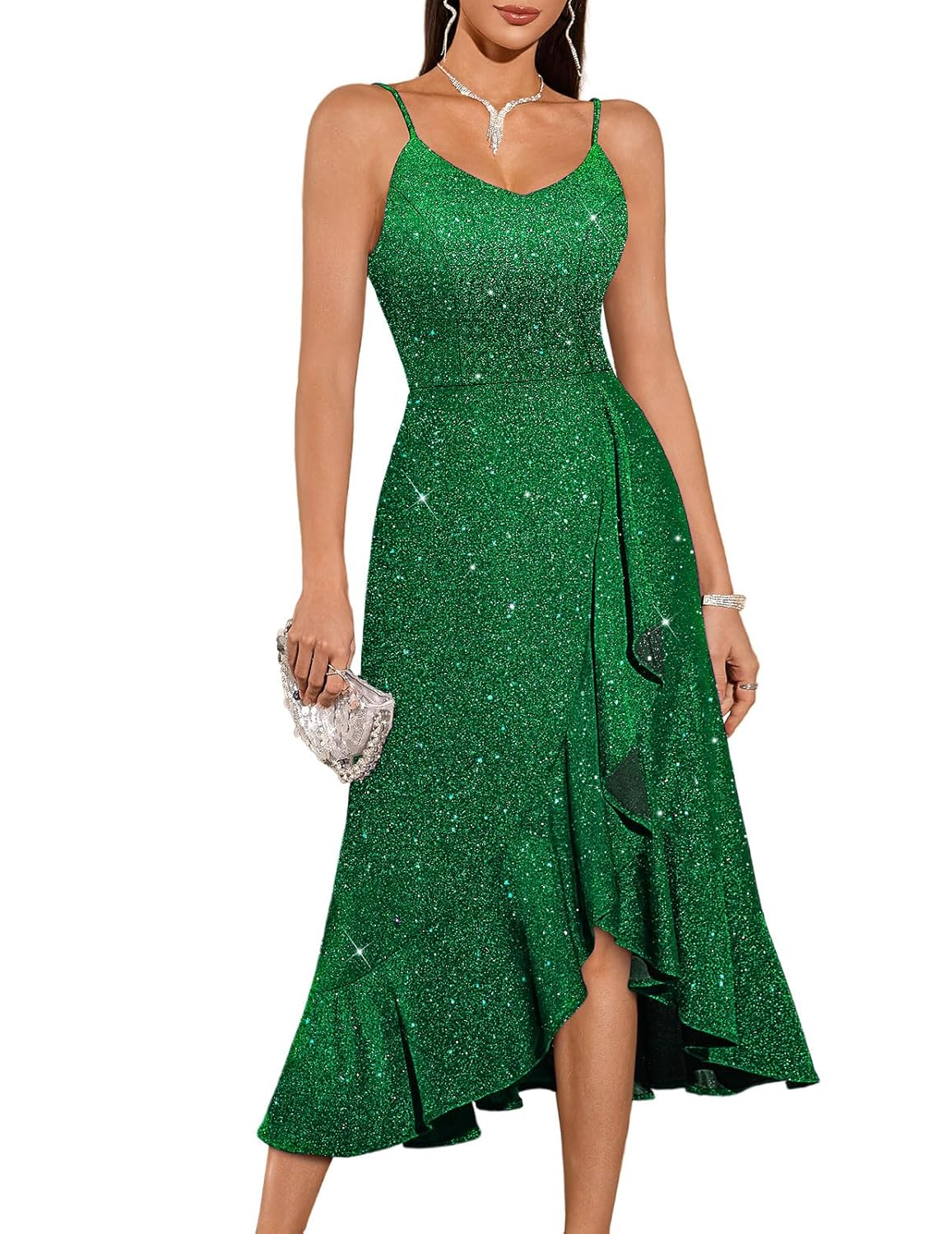 DRESSTELLS Women's Sparkly Formal Wedding Guest Dresses, Sequin Holiday Cocktail Party High Low Dress