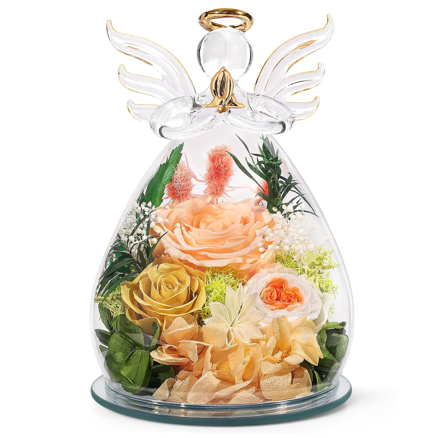 FIACO Gifts for Women Birthday Christmas Preserved Rose Forever Flower in Glass Angel Figurines Fresh Flowers for Delivery for Mom Real Colorful Roses for Grandma Wife Her from...