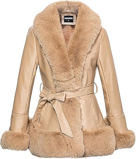 GRAN ORIENTE Women's Faux Leather Jacket with Faux Fur Collar, Winter Long Sleeve Furry Trim Peplum Parka Coat with Belt