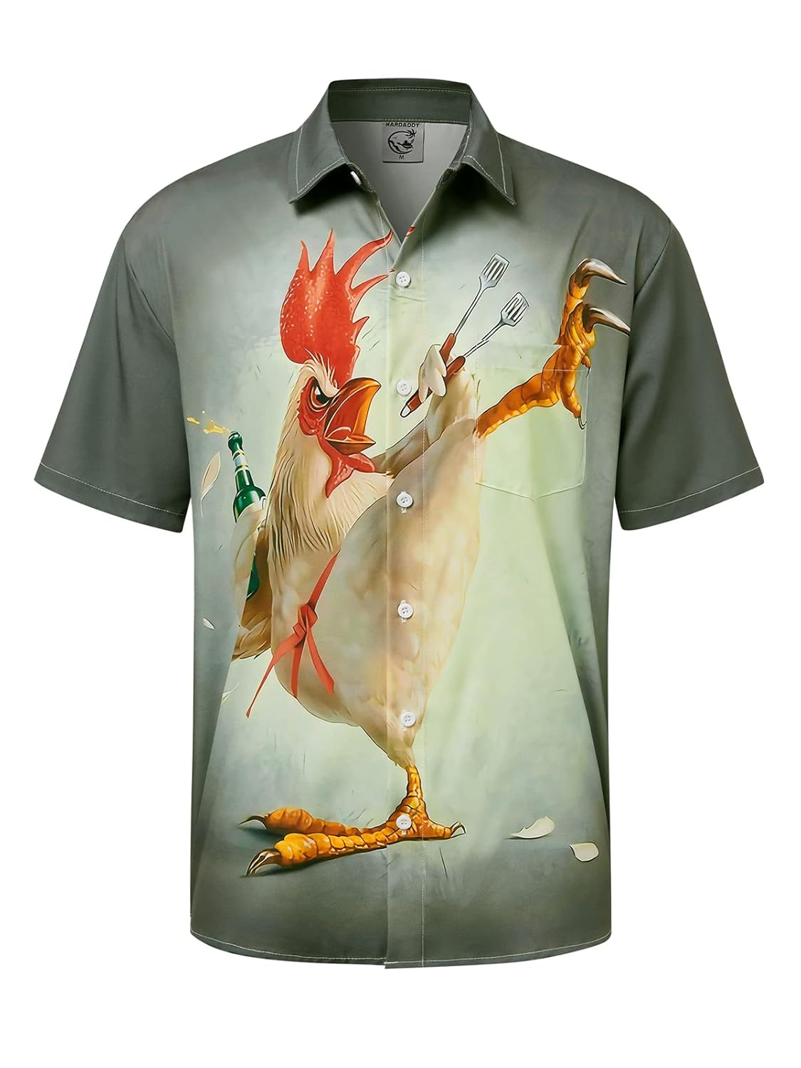 Hardaddy Men's Gongfu Rooster Chest Pocket Printed Short Sleeve Button Down Summer Casual Shirt